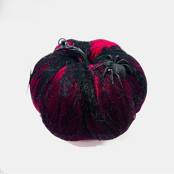 NWT Dark Red Velvet Spiderweb Lace Glitter Embellished Halloween Decor Pumpkin - Picture 3 of 15
